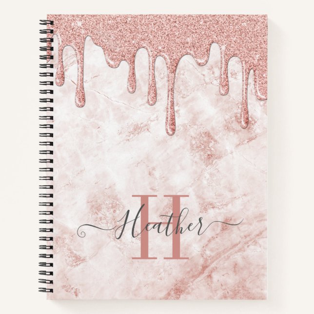 Girly Rose Gold Glitter Drips Notebook (Front)