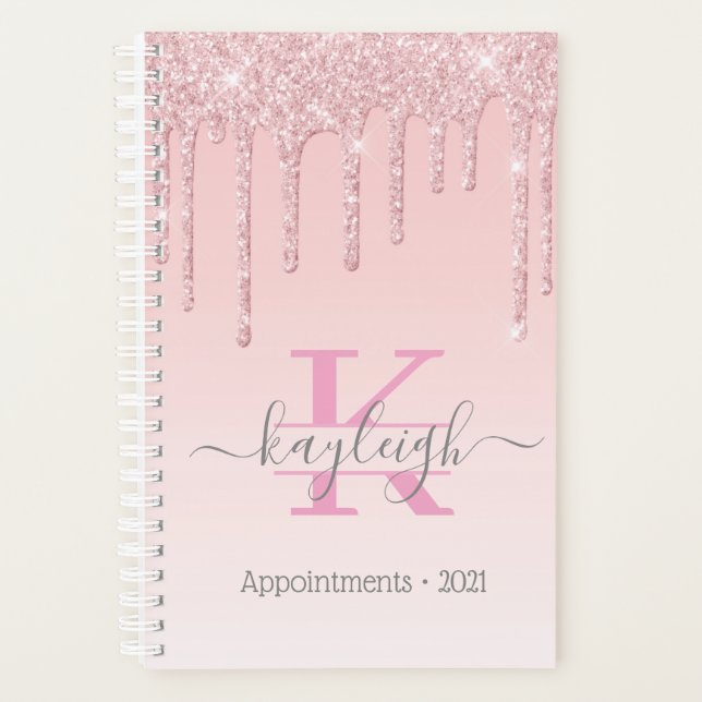 Girly Rose Gold Glitter Drips Ombre Monogram 2021 Planner (Front)