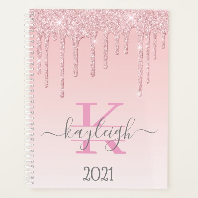 Girly Rose Gold Glitter Drips Ombre Monogram 2021 Planner (Front)
