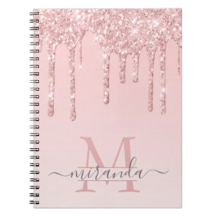 Girly Rose Gold Glitter Drips Ombre Monogram Notebook