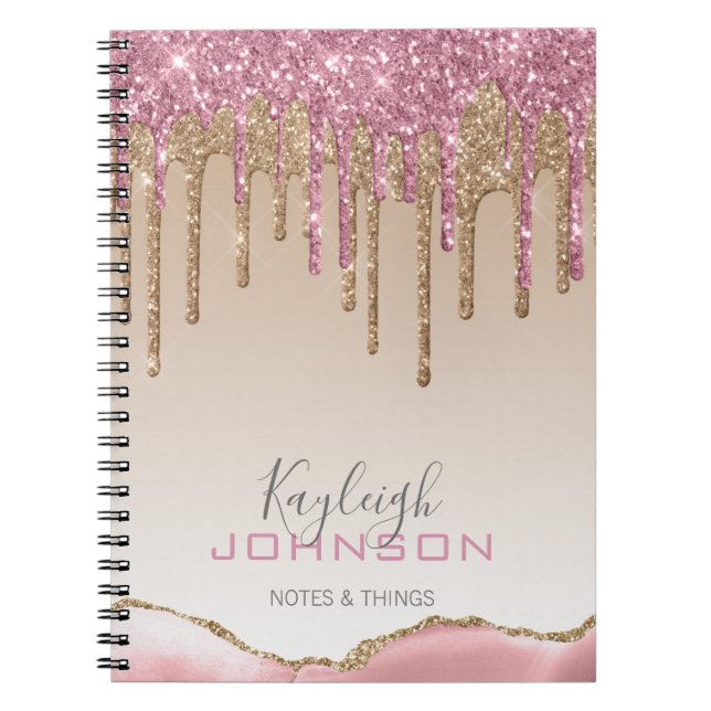 Girly Rose Gold Glitter Drips Ombre Monogram Notebook (Front)