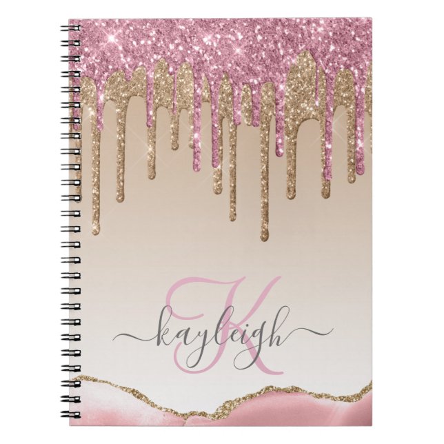 Girly Rose Gold Glitter Drips Ombre Monogram Notebook (Front)