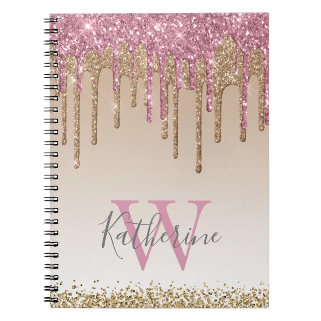 Girly Rose Gold Glitter Drips Ombre Monogram Notebook (Front)