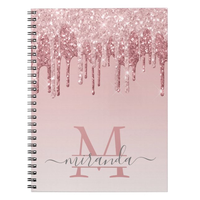 Girly Rose Gold Glitter Drips Ombre Monogram Notebook (Front)