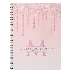 Girly Rose Gold Glitter Drips Ombre Monogram Notebook