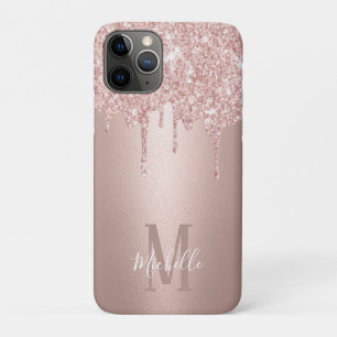 Girly Rose Gold Glitter Drips Script Name Monogram iPhone 11 Pro Case