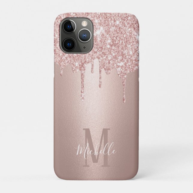Girly Rose Gold Glitter Drips Script Name Monogram Case-Mate iPhone Case (Back)