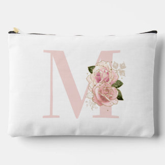 Girly Rose Gold Glitter Floral Blush Monogram Accessory Pouch