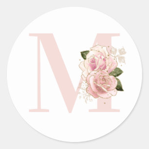 Girly Rose Gold Glitter Floral Blush Monogram Classic Round Sticker