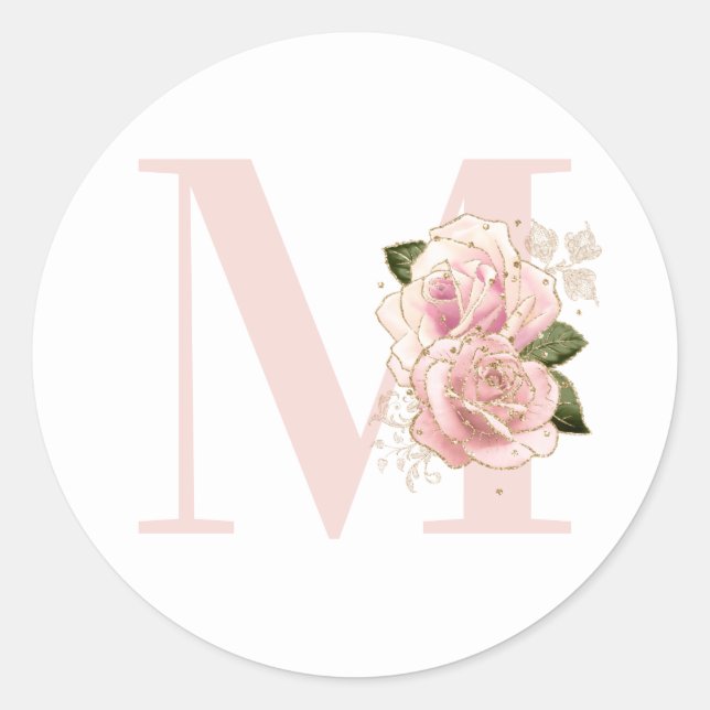 Girly Rose Gold Glitter Floral Blush Monogram Classic Round Sticker (Front)