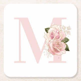 Girly Rose Gold Glitter Floral Blush Monogram Square Paper Coaster