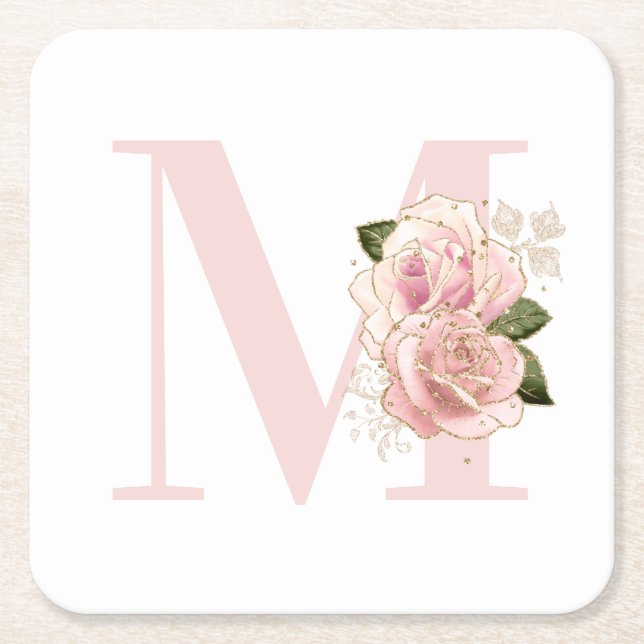 Girly Rose Gold Glitter Floral Blush Monogram Square Paper Coaster (Front)