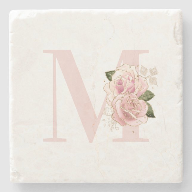 Girly Rose Gold Glitter Floral Blush Monogram Stone Coaster (Front)
