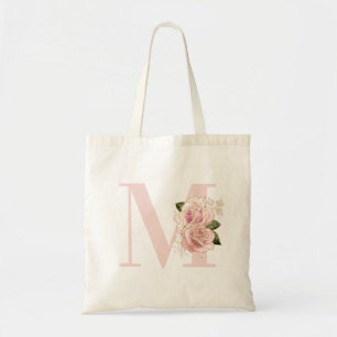 Girly Rose Gold Glitter Floral Blush Monogram Tote Bag