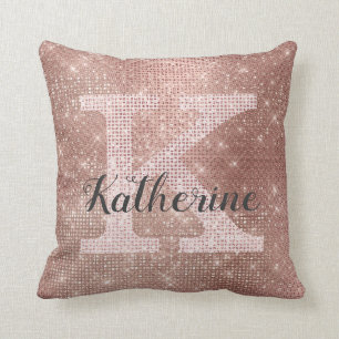 Girly Rose Gold Glitter Glam Sparkle Monogram Name Cushion