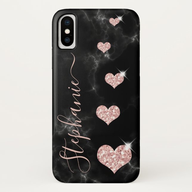 Girly Rose Gold Glitter Hearts Black Marble Name Case-Mate iPhone Case (Back)