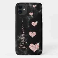 Girly Rose Gold Glitter Hearts Black Marble Name