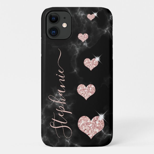 Girly Rose Gold Glitter Hearts Black Marble Name Case-Mate iPhone Case (Back)