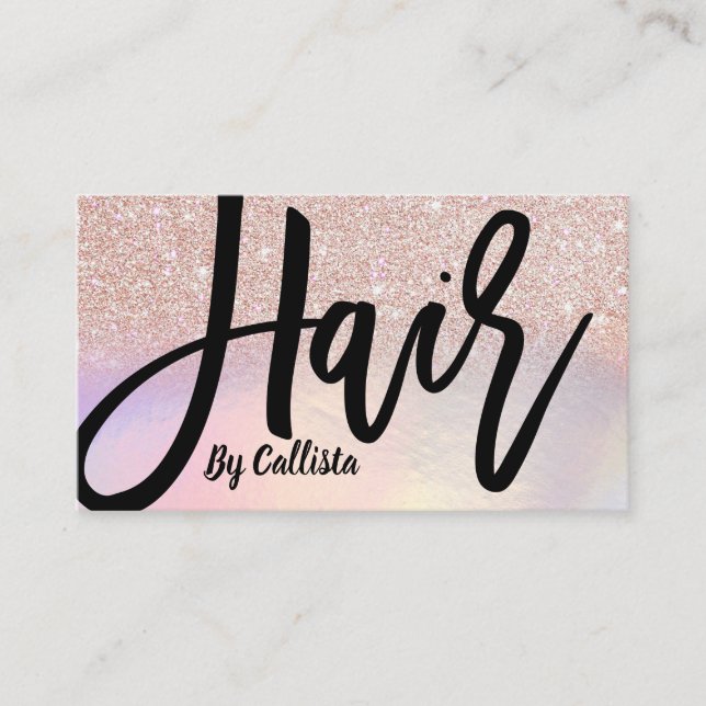 Girly Rose Gold Glitter Iridescent Hair Stylist Business Card (Front)