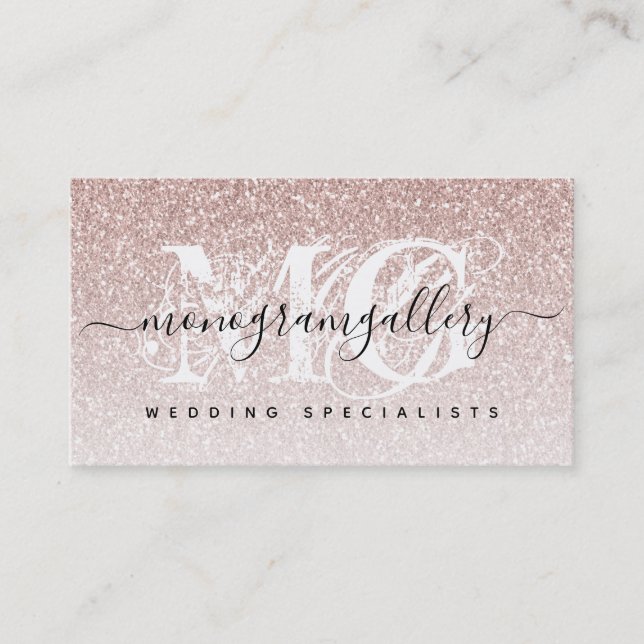 Girly Rose Gold Glitter Luxe Glam Monogram Business Card (Front)
