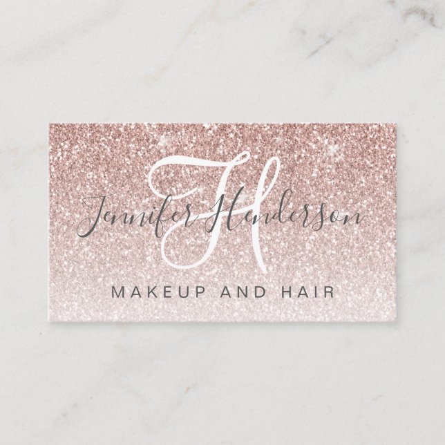 Girly Rose Gold Glitter Makeup Artist Hair Salon Business Card (Front)