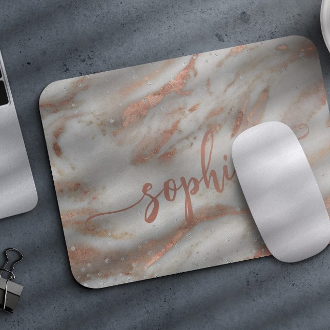 Girly rose gold glitter marble elegant script name mouse mat (Creator Uploaded)