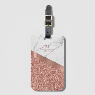 Girly Rose Gold Glitter   Marble Monogram Luggage Tag