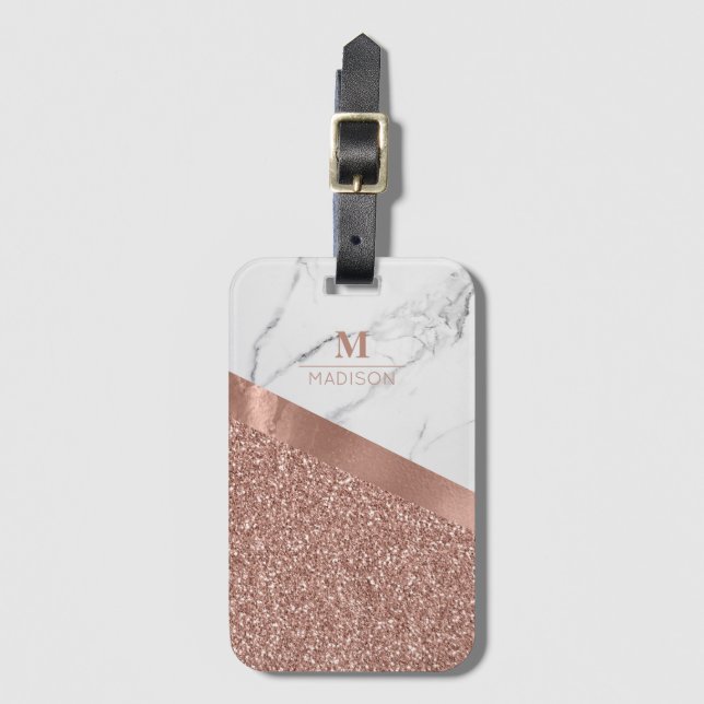 Girly Rose Gold Glitter | Marble Monogram Luggage Tag (Front Vertical)