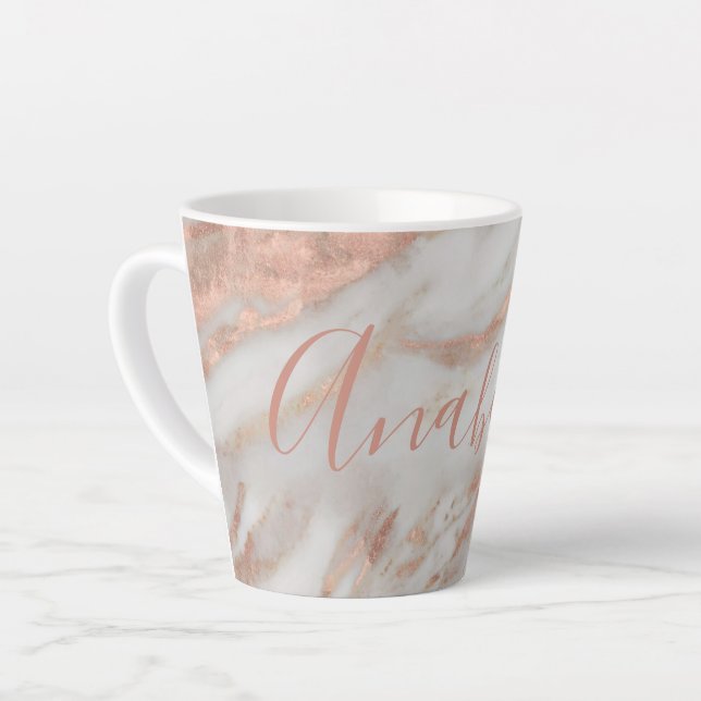 Girly rose gold glitter marble name personalised  latte mug (Left Angle)