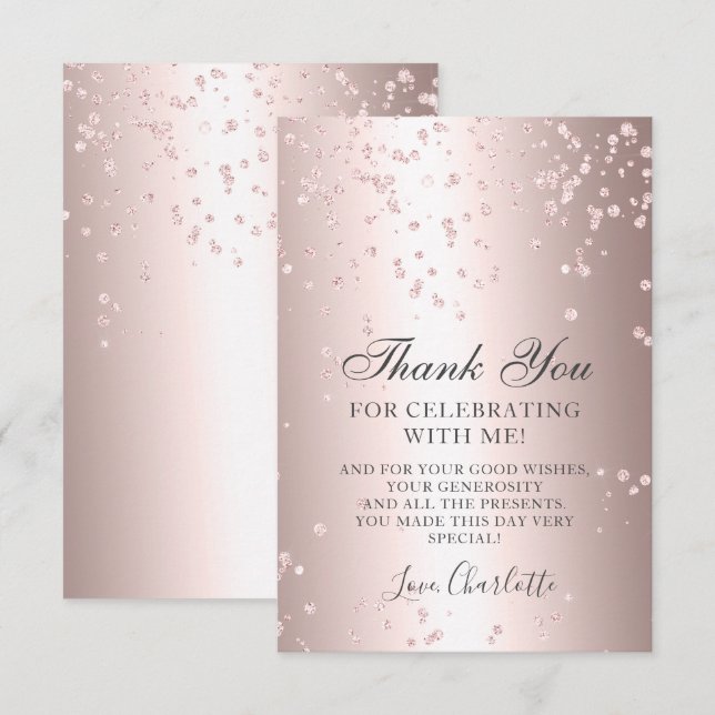 Girly rose gold glitter metallic sweet sixteen thank you card (Front/Back)