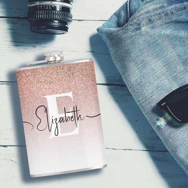 Girly Rose Gold Glitter Monogram Black Script Name Hip Flask (Creator Uploaded)