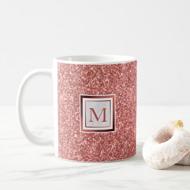 Girly Rose Gold Glitter Monogram Coffee Mug (With Donut)