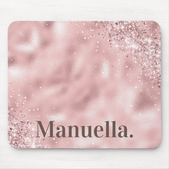Girly Rose Gold Glitter Monogram Custom Name Mouse Mat (Front)