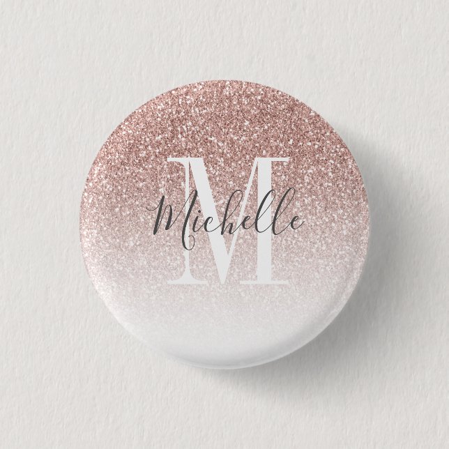 Girly Rose Gold Glitter Monogram Name Blush Pink 3 Cm Round Badge (Front)
