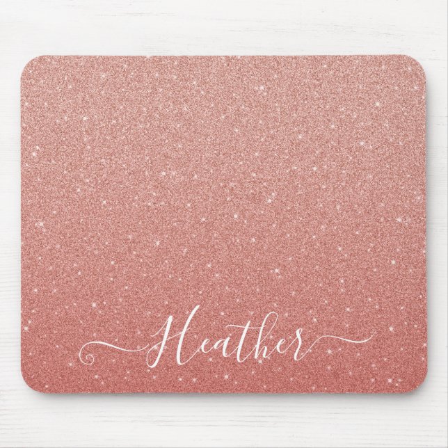 Girly Rose Gold Glitter Monogram Name Mouse Mat (Front)