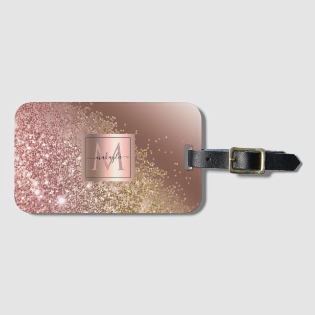 Girly Rose Gold Glitter Name Monogram Luggage Tag (Front Horizontal)