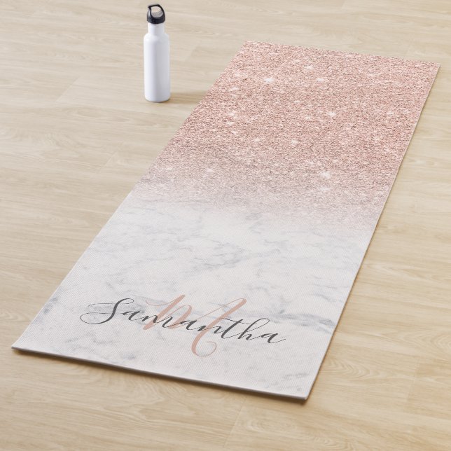 Girly rose gold glitter ombre marble monogrammed yoga mat (In Situ)