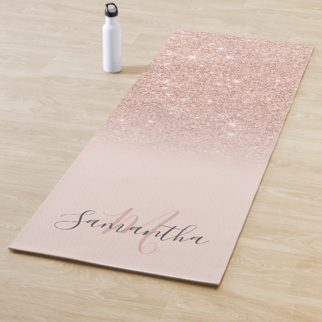 Girly rose gold glitter ombre pink monogrammed yoga mat (In Situ)