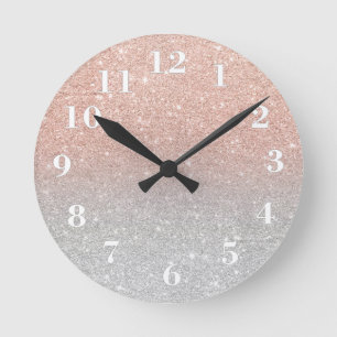 Girly rose gold glitter ombre silver glitter round clock