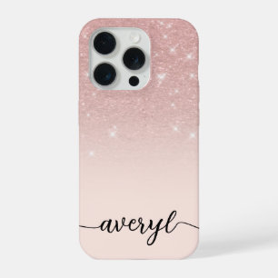 Girly rose gold glitter ombre sparkles monogrammed iPhone 15 pro case