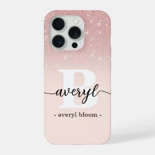 Girly rose gold glitter ombre sparkles monogrammed iPhone 15 pro case