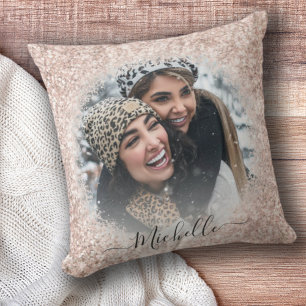 Girly Rose Gold Glitter Photo Template Throw Pillo Cushion