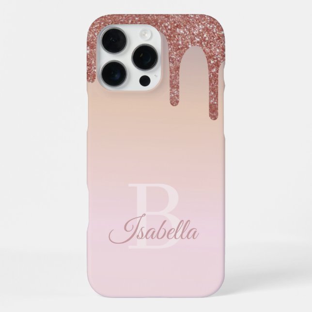 Girly Rose Gold Glitter, Pink and Monogram Name iPhone Case (Back)