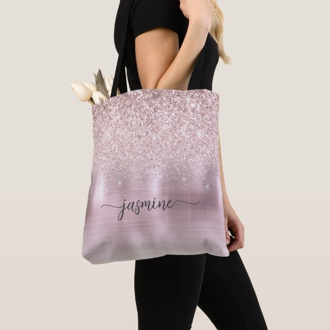 Girly Rose Gold Glitter Pink Metal Name Script Tote Bag (Close Up)