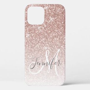 Girly Rose Gold Glitter Pink Monogram Name iPhone 12 Case