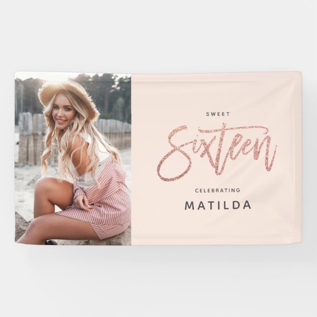 Girly rose gold glitter pink photo 16th birthday banner (Horizontal)