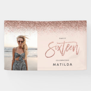Girly rose gold glitter pink photo 16th birthday banner