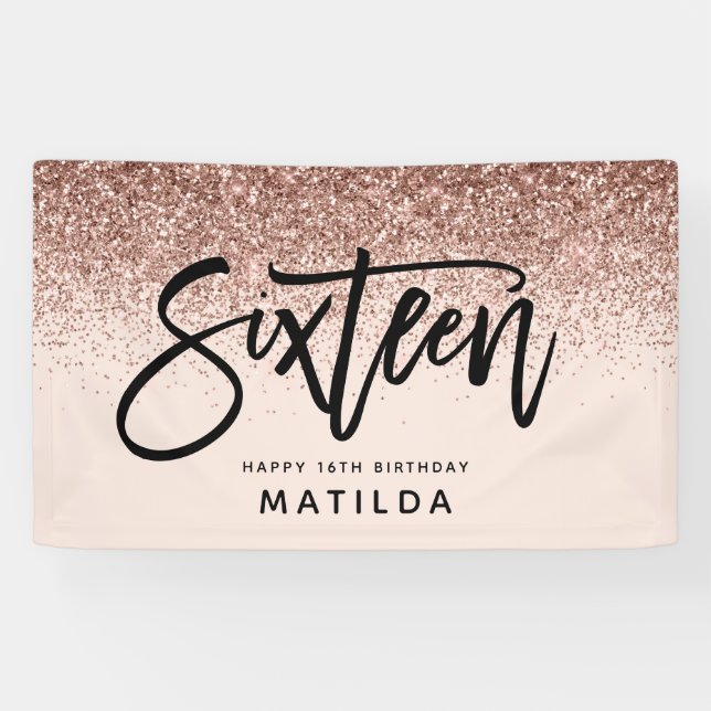 Girly rose gold glitter pink typograph 16 birthday banner (Horizontal)