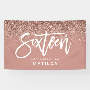 Girly rose gold glitter pink typograph 16 birthday banner