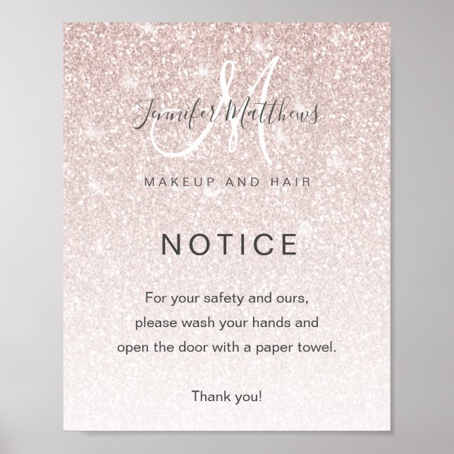 Girly Rose Gold Glitter Salon COVID19 Wash Hands Poster (Front)